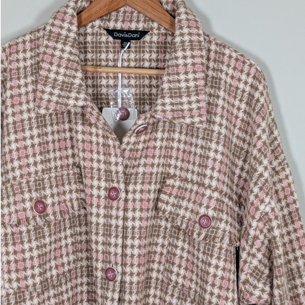 Davi & Dani Pink Brown Houndstooth Flannel Shacket NWT Boho Western Womens 2XL